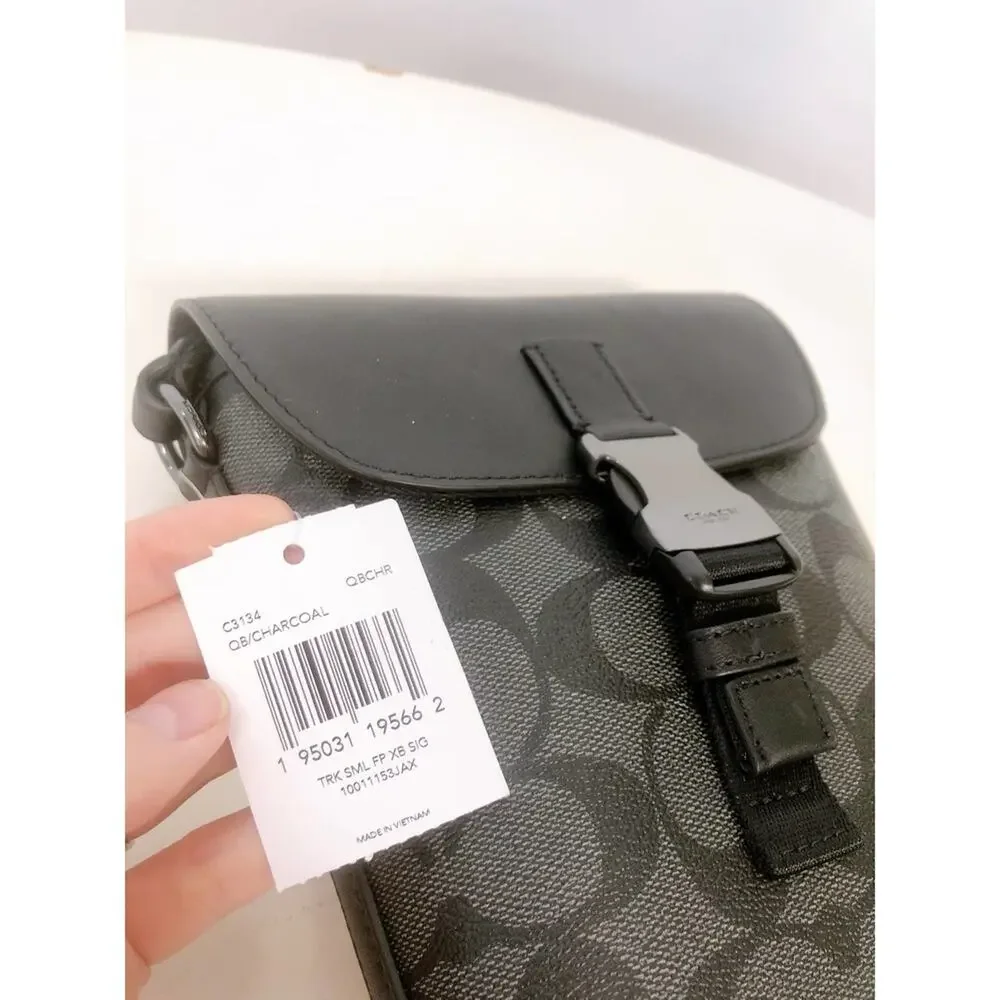 Coach C3134 Track Small Flap Crossbody In Signature Canvas In Gunmetal/Charcoal - Picture 7 of 9